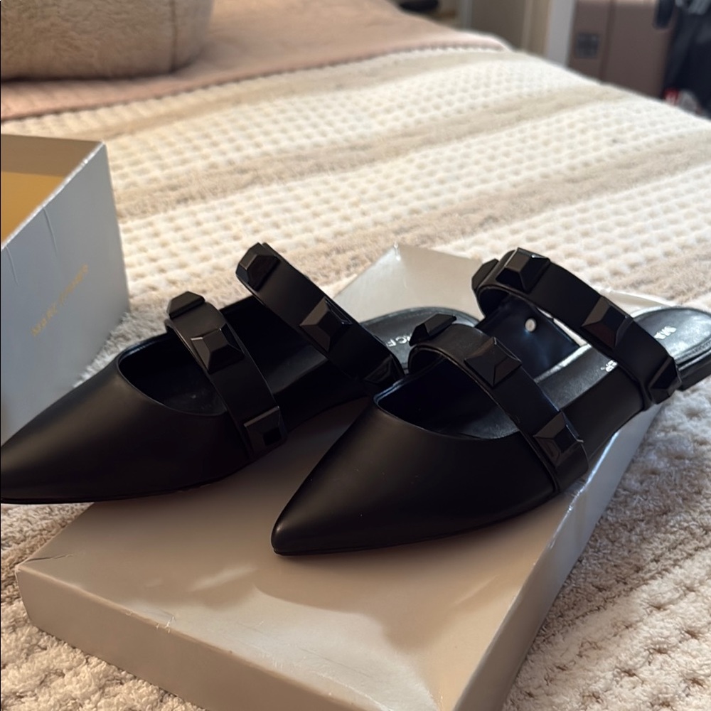 Marc Fisher Black Pointed-Toe Studded Strap Mules